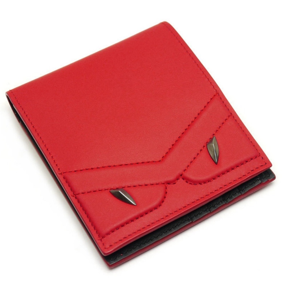 FENDI Monster Metal Bug Eyes Red & Black Leather Bifold Card Bill Wallet RARE